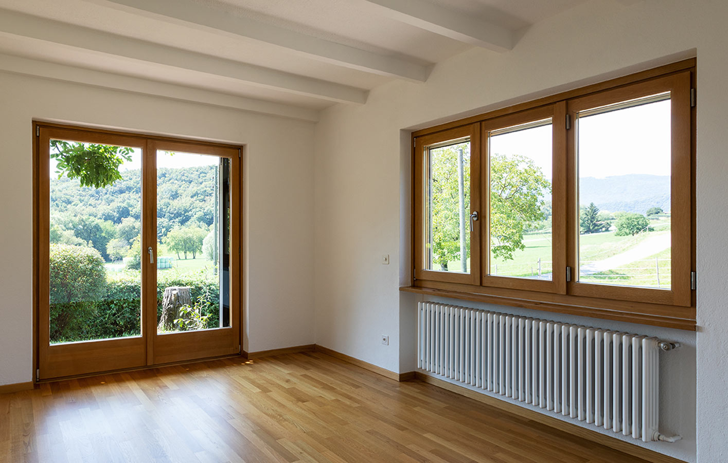 Holzfenster mit Blick ins Grüne